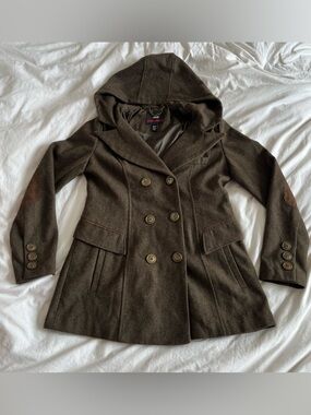 VTG Miss Sixty M60 Olive Brown Military Inspired Wool Blend Pea Coat with Hood